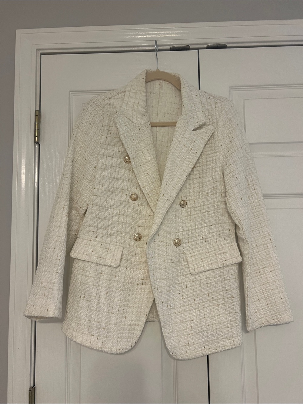 SHEIN Cream Tweed Double-Breasted Blazer